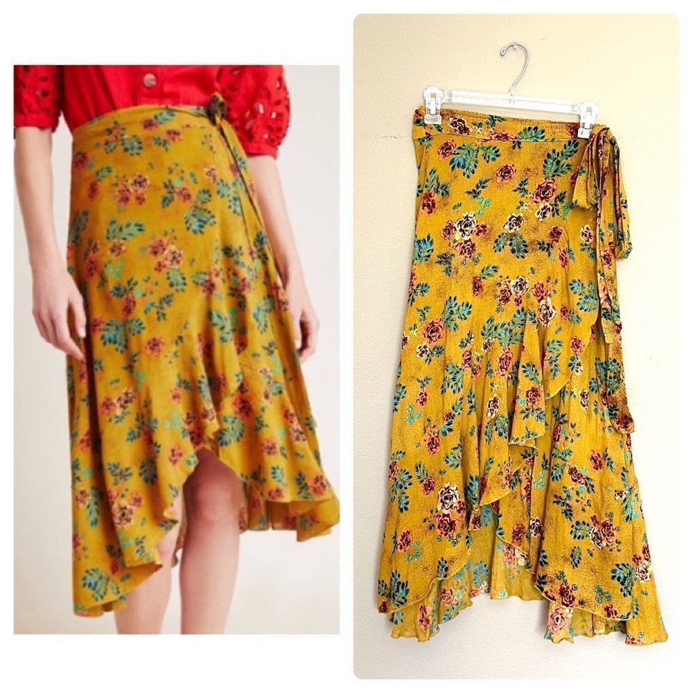 Anthropologie x Faithfull The Brand Floral Ruffle Wrap Midi Skirt